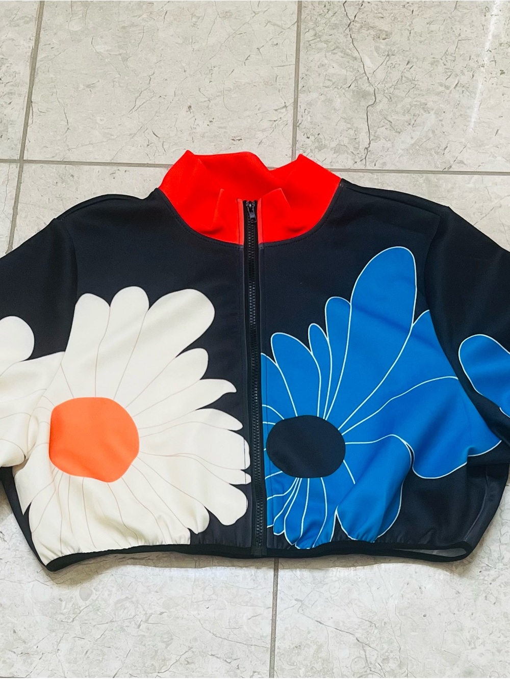 Source Unknown Black Jacket with White, Blue, Orange and Red Floral Accents